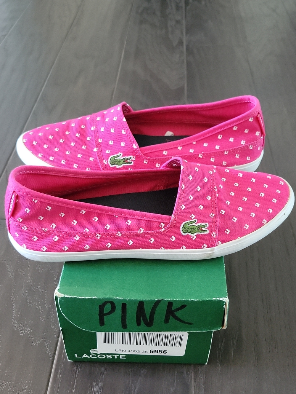 Lacoste Hot Pink Slip-On Canvas Sneakers with White Dot Print